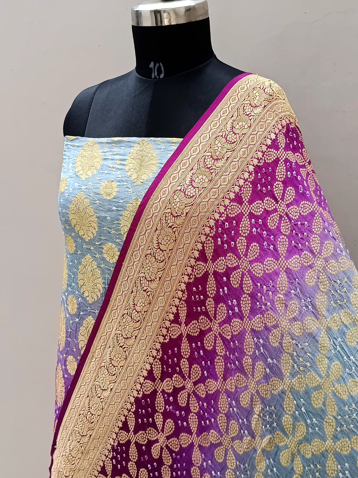 Light Grey With Purple Shade Handwoven Khaddi Chiffon Rai Dana Bandhani Suit Set