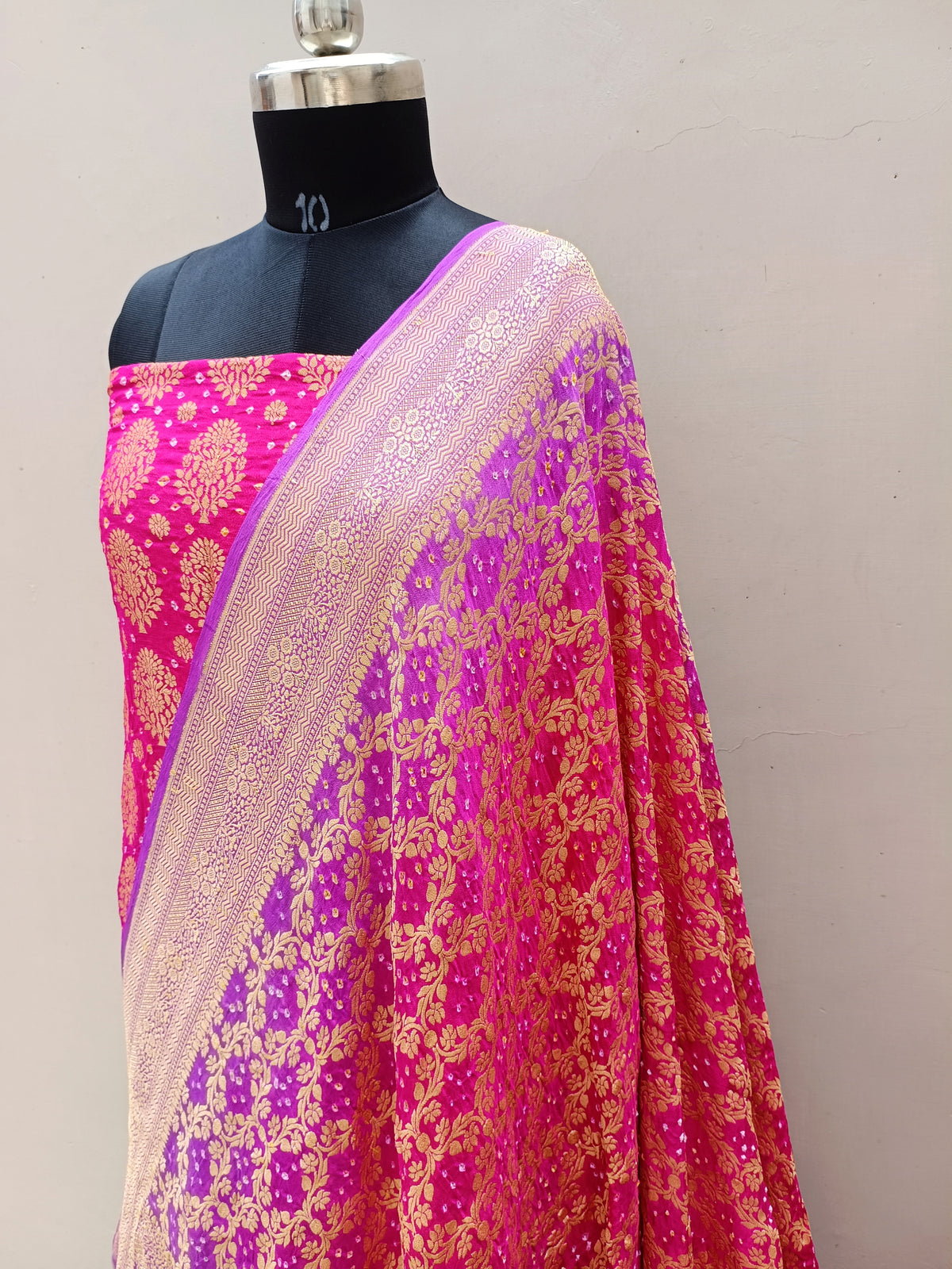 Traditional Rani Pink With Lavender Shade Handwoven Khaddi Chiffon Rai Dana Bandhani Suit Set