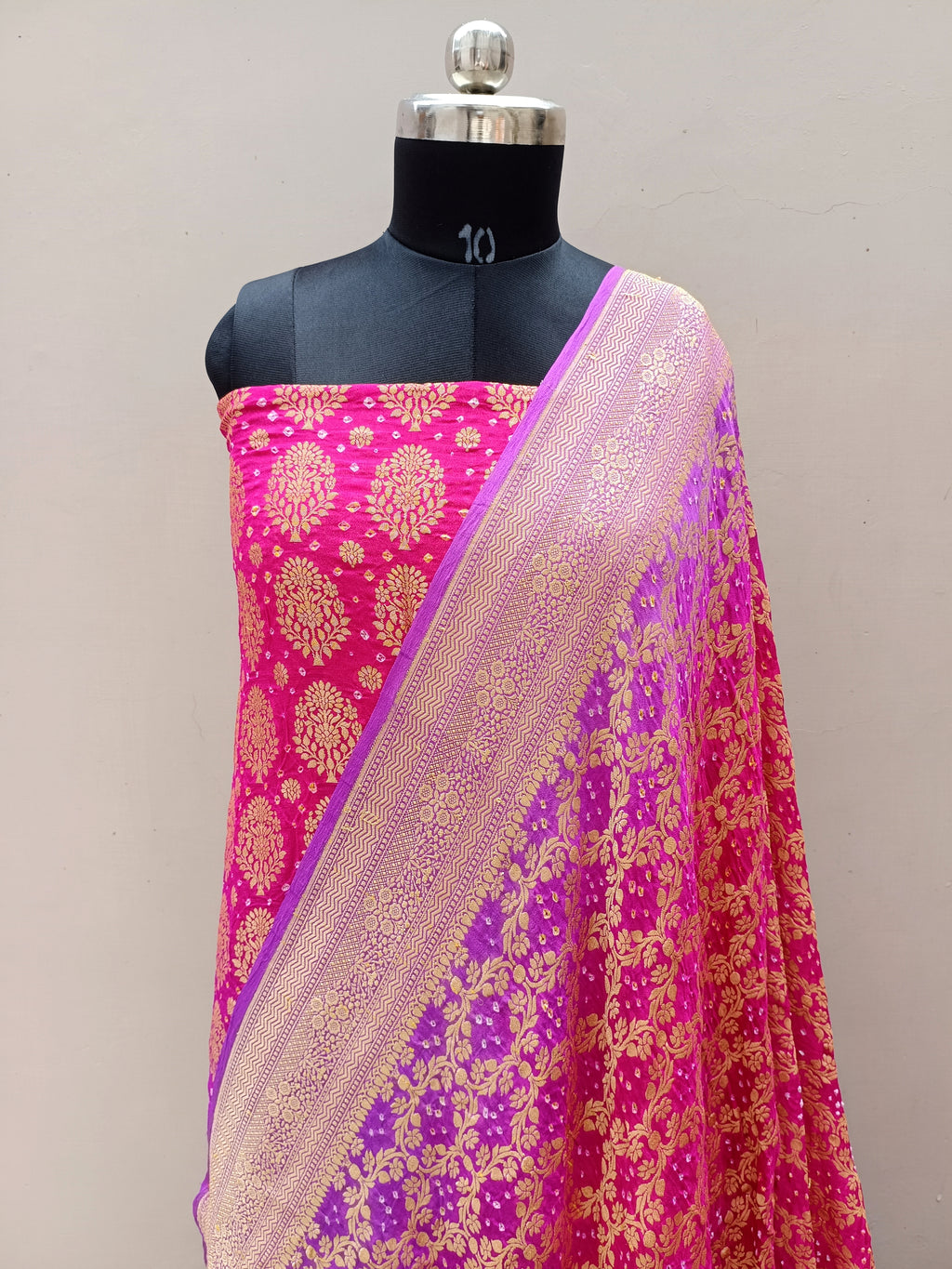 Traditional Rani Pink With Lavender Shade Handwoven Khaddi Chiffon Rai Dana Bandhani Suit Set