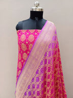 Traditional Rani Pink With Lavender Shade Handwoven Khaddi Chiffon Rai Dana Bandhani Suit Set