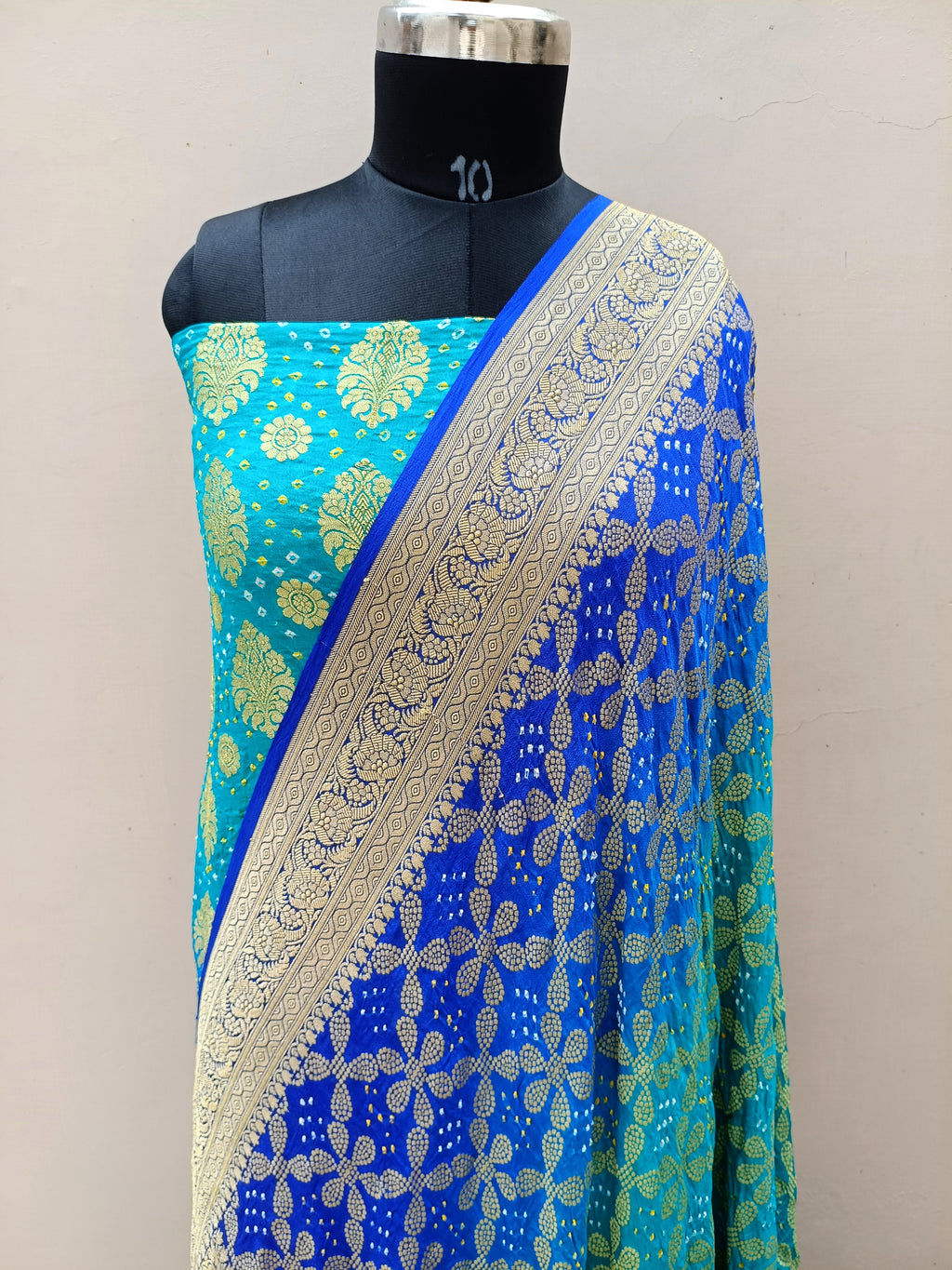 Traditional Dual Shade Royal Blue Handwoven Khaddi Chiffon Georgette Rai Dana Bandhani Suit Set