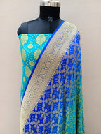 Traditional Dual Shade Royal Blue Handwoven Khaddi Chiffon Georgette Rai Dana Bandhani Suit Set