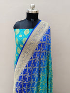 Traditional Dual Shade Royal Blue Handwoven Khaddi Chiffon Georgette Rai Dana Bandhani Suit Set