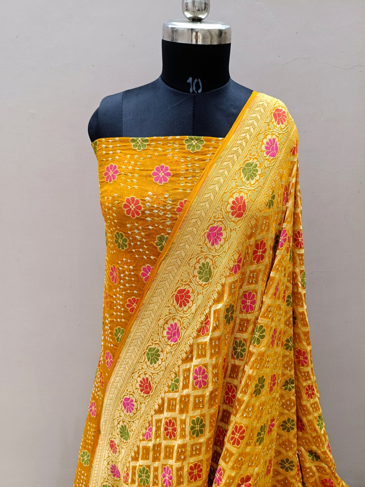 Traditional Mustard Gold Shade Handwoven Khaddi Chiffon Georgette Rai Dana Bandhani Suit Set