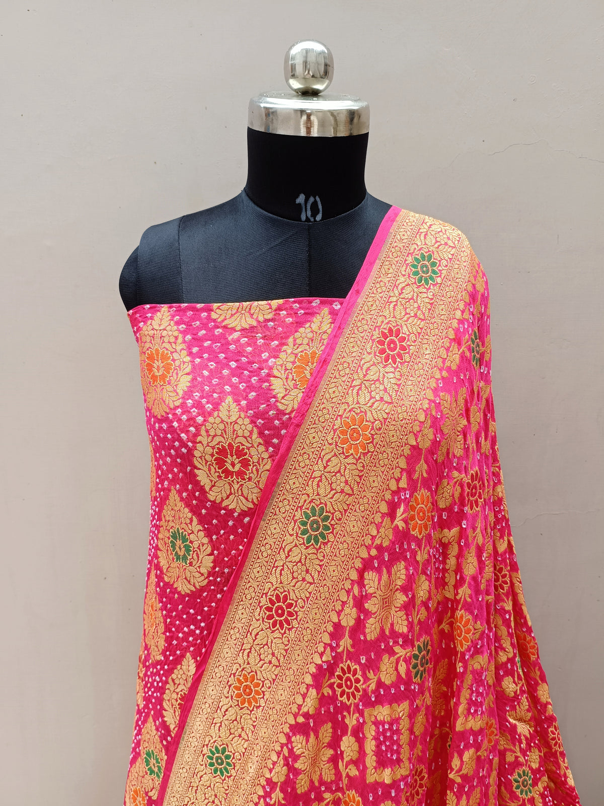 Traditional Rani Pink Shade Handwoven Khaddi Chiffon Georgette Rai Dana Bandhani Suit Set
