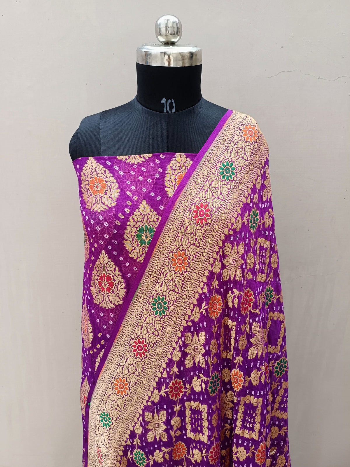 Traditional Purple Shade Handwoven Khaddi Chiffon Georgette Rai Dana Bandhani Suit Set