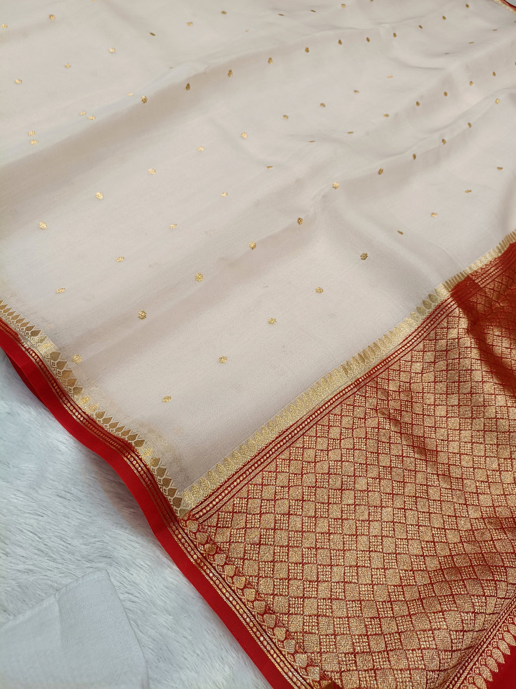 Off-White Red Shade Handwoven Water Zari Reshmi Kora Silk Saree