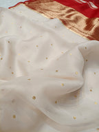 Off-White Red Shade Handwoven Water Zari Reshmi Kora Silk Saree