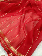 Off-White Red Shade Handwoven Water Zari Reshmi Kora Silk Saree