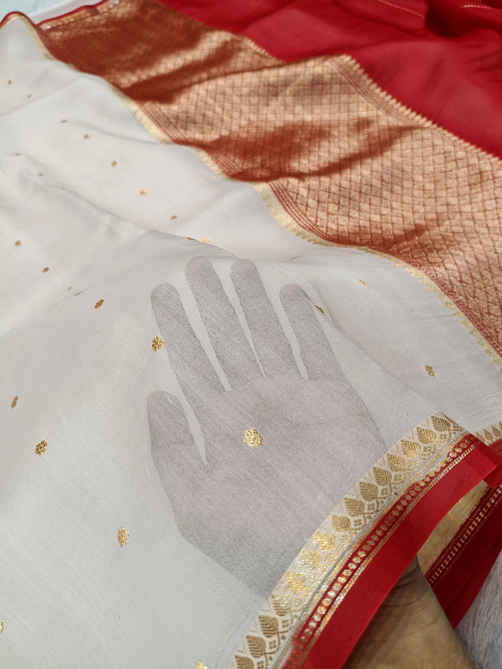 Off-White Red Shade Handwoven Water Zari Reshmi Kora Silk Saree