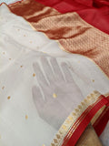 Off-White Red Shade Handwoven Water Zari Reshmi Kora Silk Saree