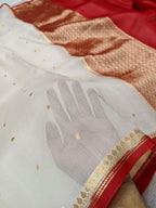 Off-White Red Shade Handwoven Water Zari Reshmi Kora Silk Saree