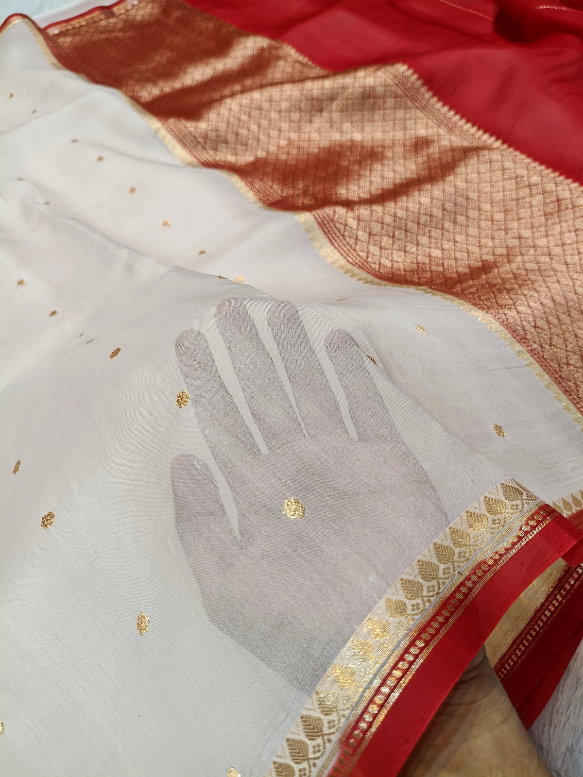 Off-White Red Shade Handwoven Water Zari Reshmi Kora Silk Saree