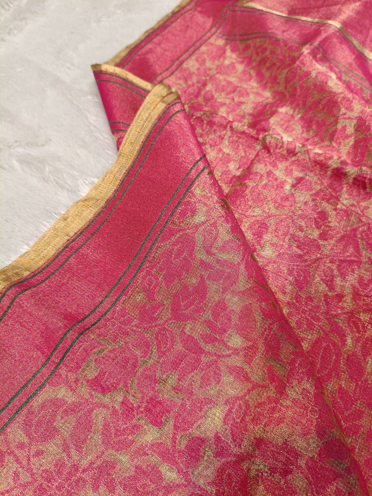 Molten Gold with Rani Pink Shade Handwoven Kataan Ektara Tissue Jamdani Banarasi
