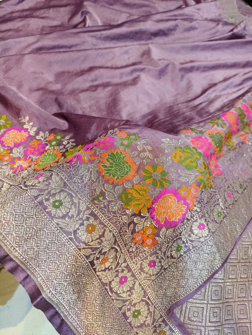 Lavender Shade Handwoven Tilfi Kataan Mashru Silk Saree