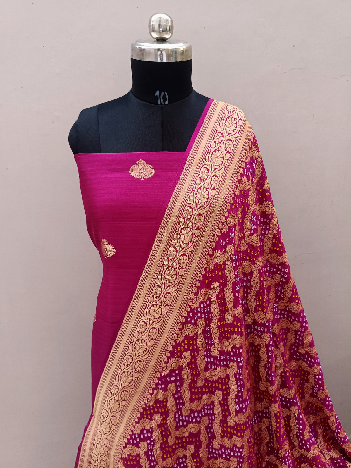 Rani Purple Shade Handwoven Chiniya Silk Suit With Bandhani Dupatta