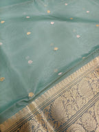 Pure Kora Organza Silk Banarasi Saree with Contrast Floral Border