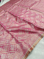 Strawberry Pink Shade Handwoven Kataan Ektara Muslin Tissue Jamdani