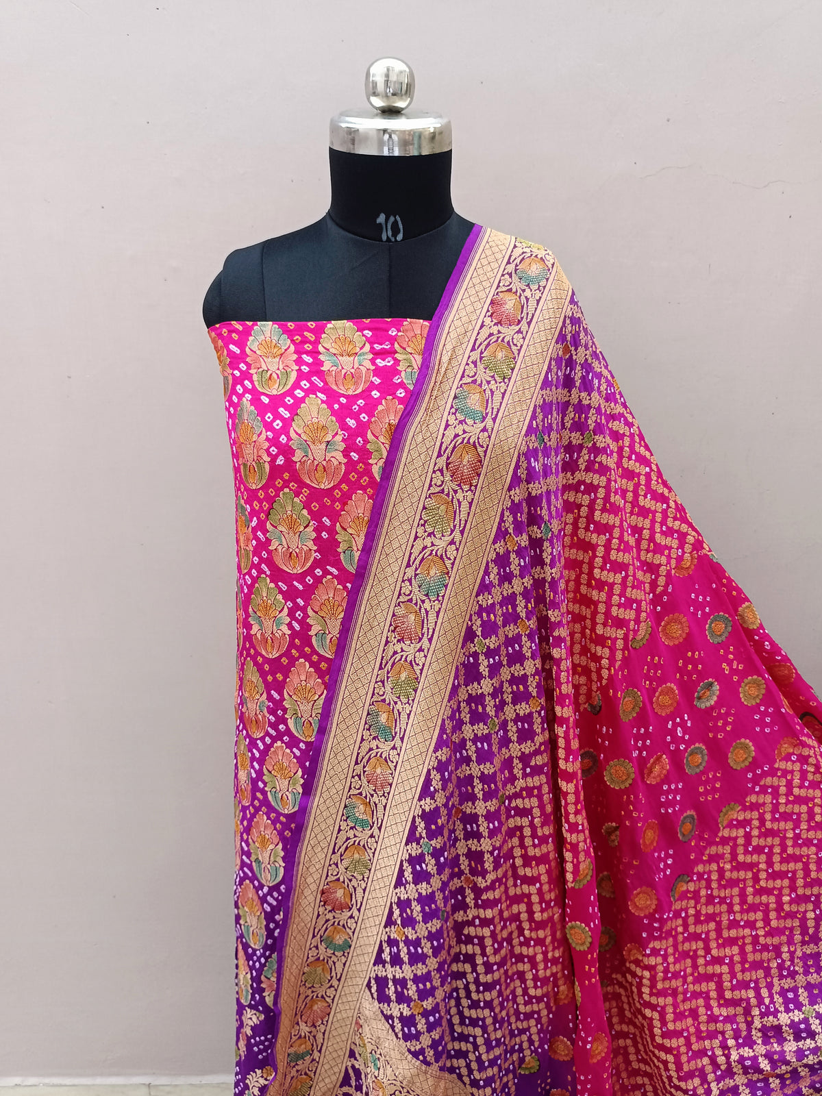 Rani Pink with Purple Shade Handwoven Khaddi Chiffon Meenakari Rai Dana Bandhani Suit