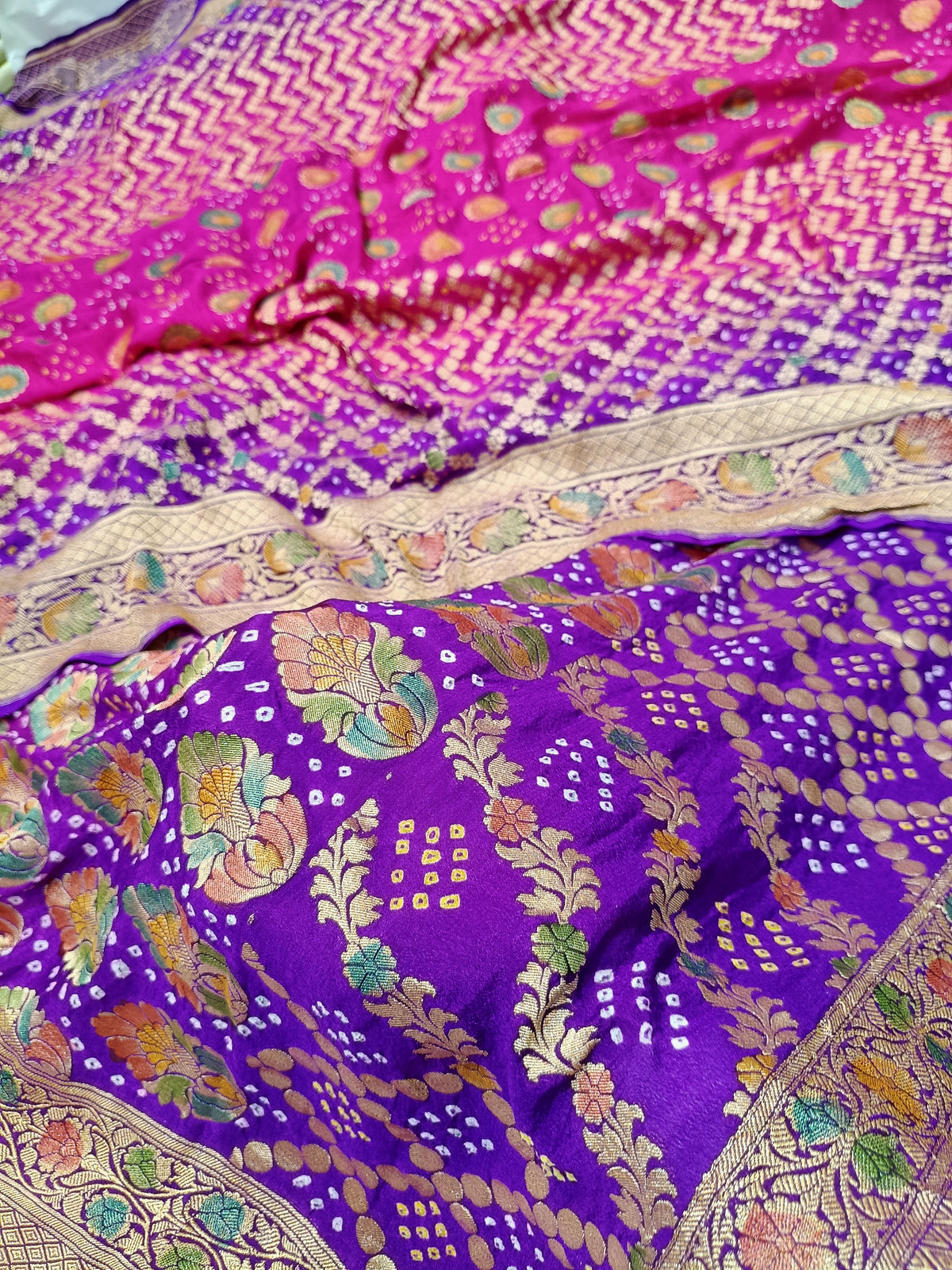 Rani Pink with Purple Shade Handwoven Khaddi Chiffon Meenakari Rai Dana Bandhani Suit