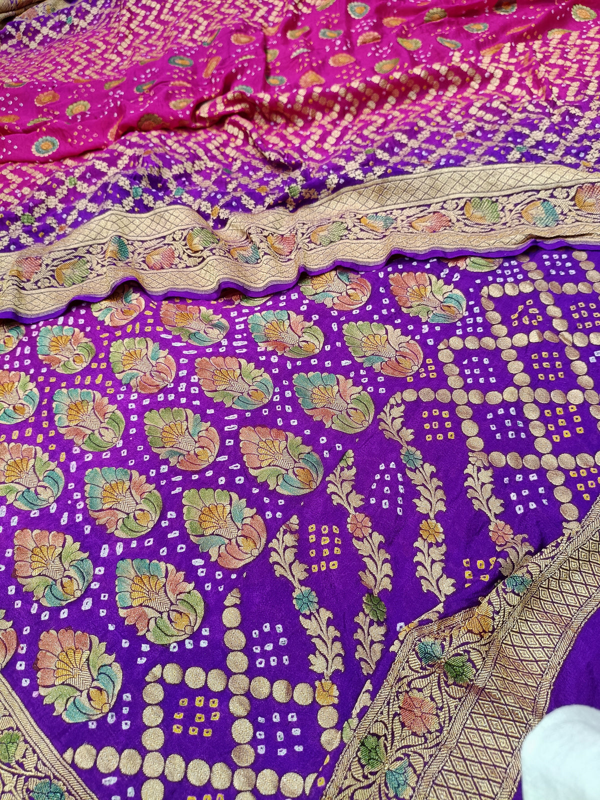 Rani Pink with Purple Shade Handwoven Khaddi Chiffon Meenakari Rai Dana Bandhani Suit