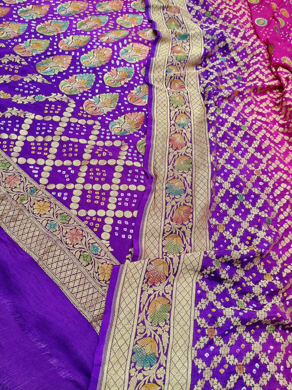 Rani Pink with Purple Shade Handwoven Khaddi Chiffon Meenakari Rai Dana Bandhani Suit