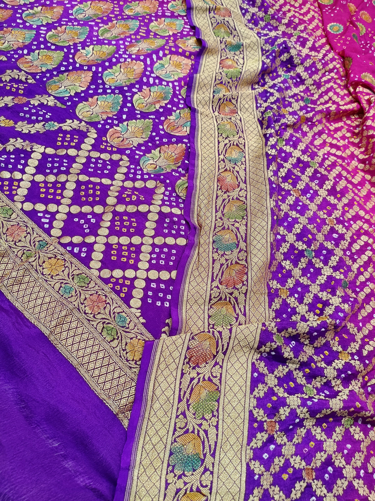 Rani Pink with Purple Shade Handwoven Khaddi Chiffon Meenakari Rai Dana Bandhani Suit