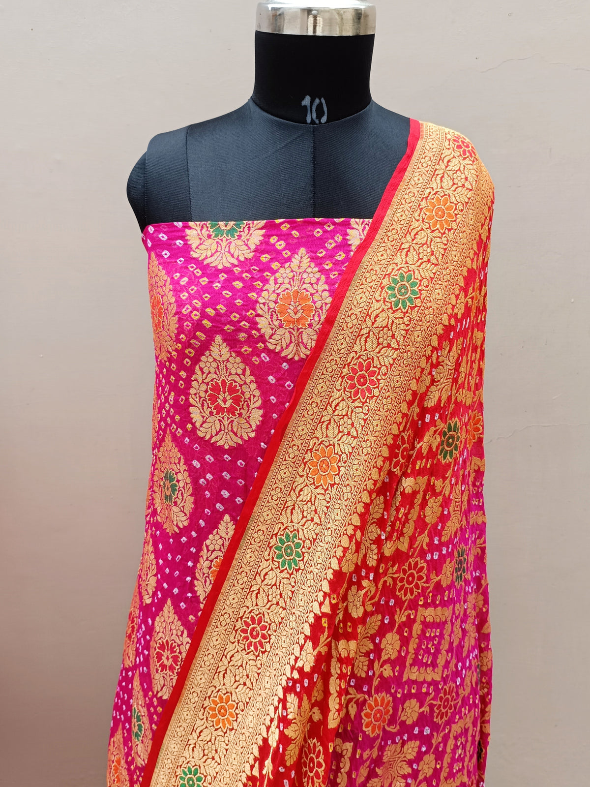 Traditional Rani Pink With Red Shade Handwoven Khaddi Chiffon Georgette Rai Dana Bandhani Suit Set