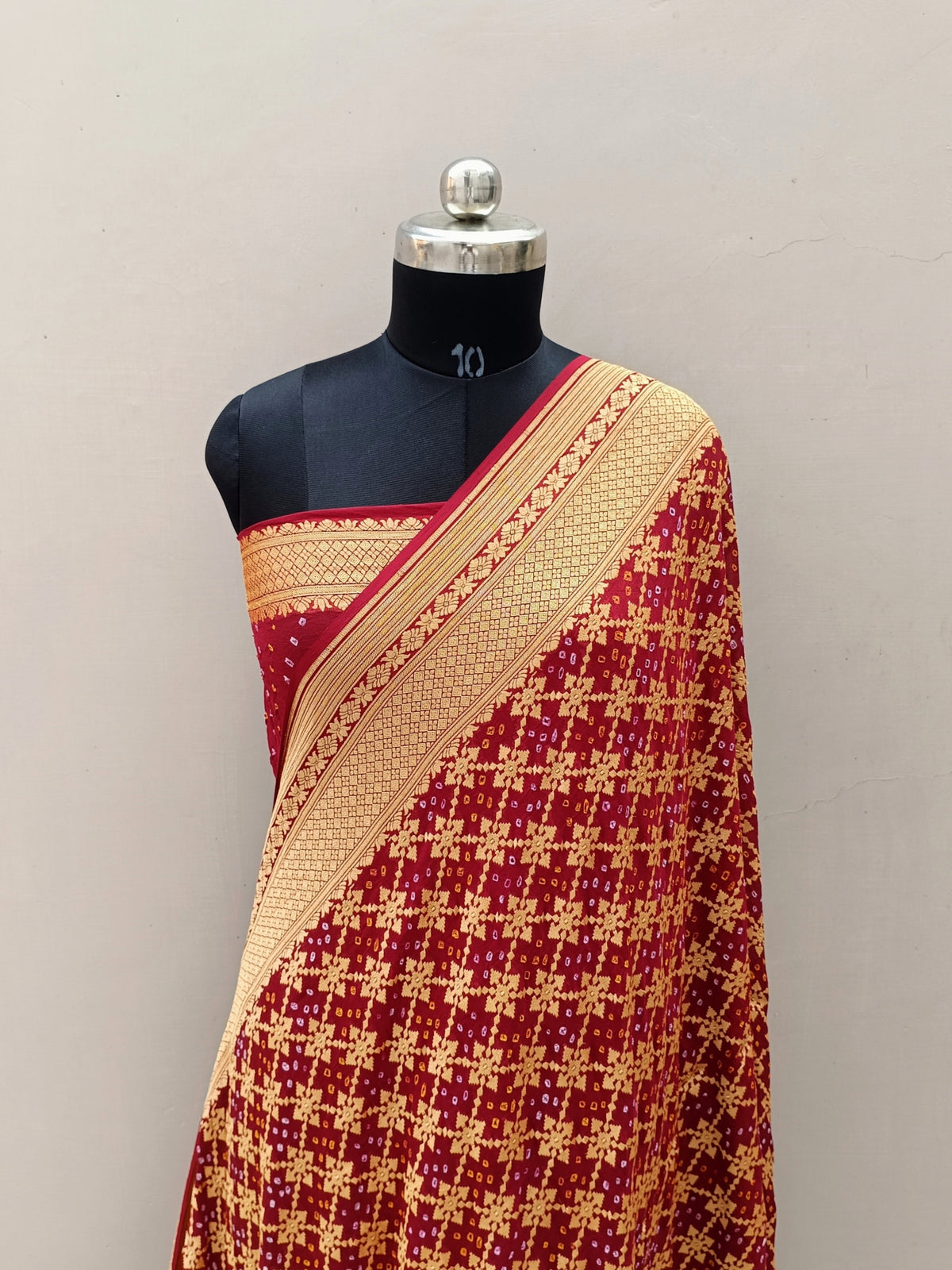 Bridal Red Shade Handwoven Khaddi Chiffon Rai Dana Bandhani Saree