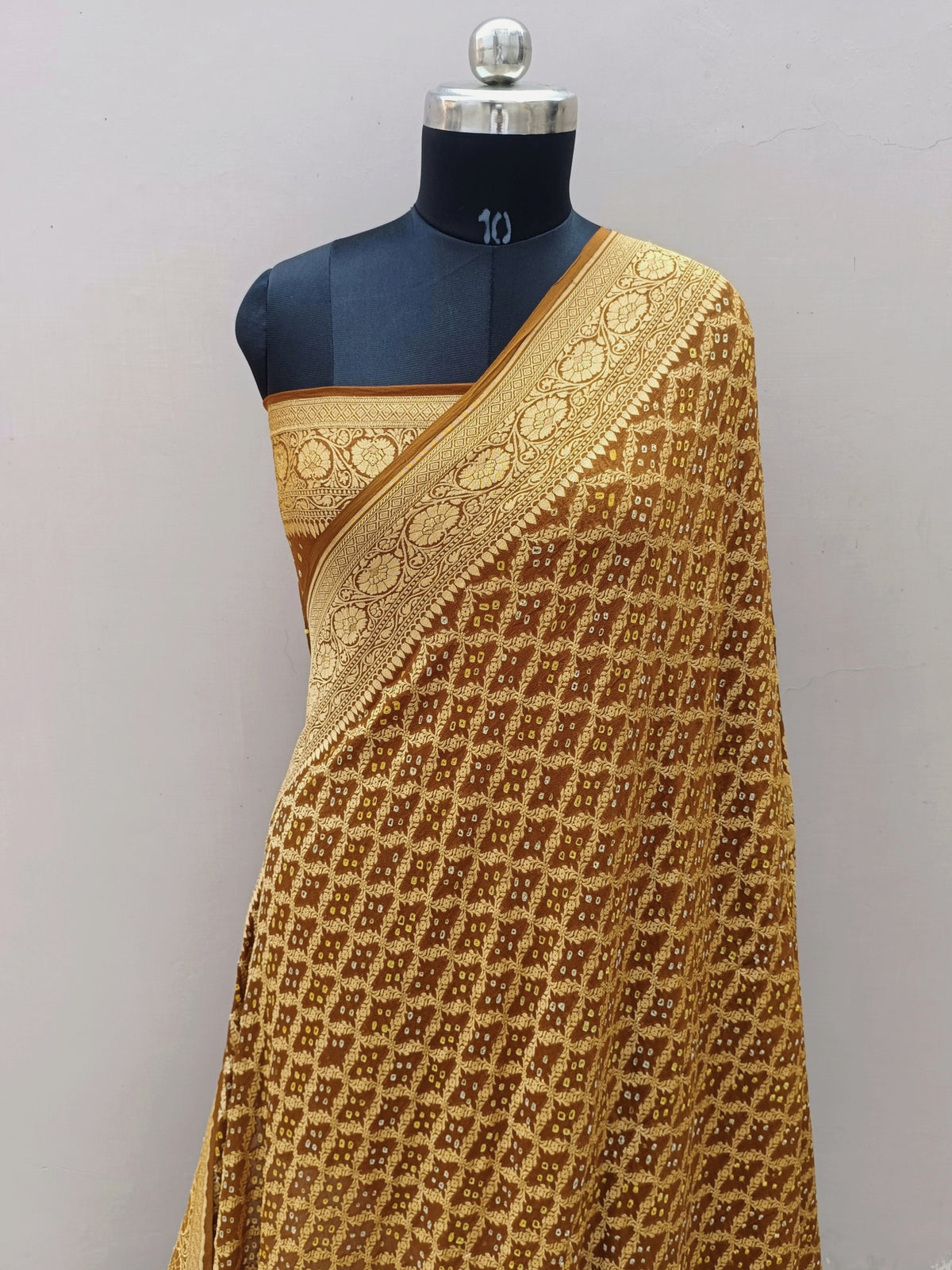 Antique Brown Shade Handwoven Khaddi Chiffon Rai Dana Bandhani