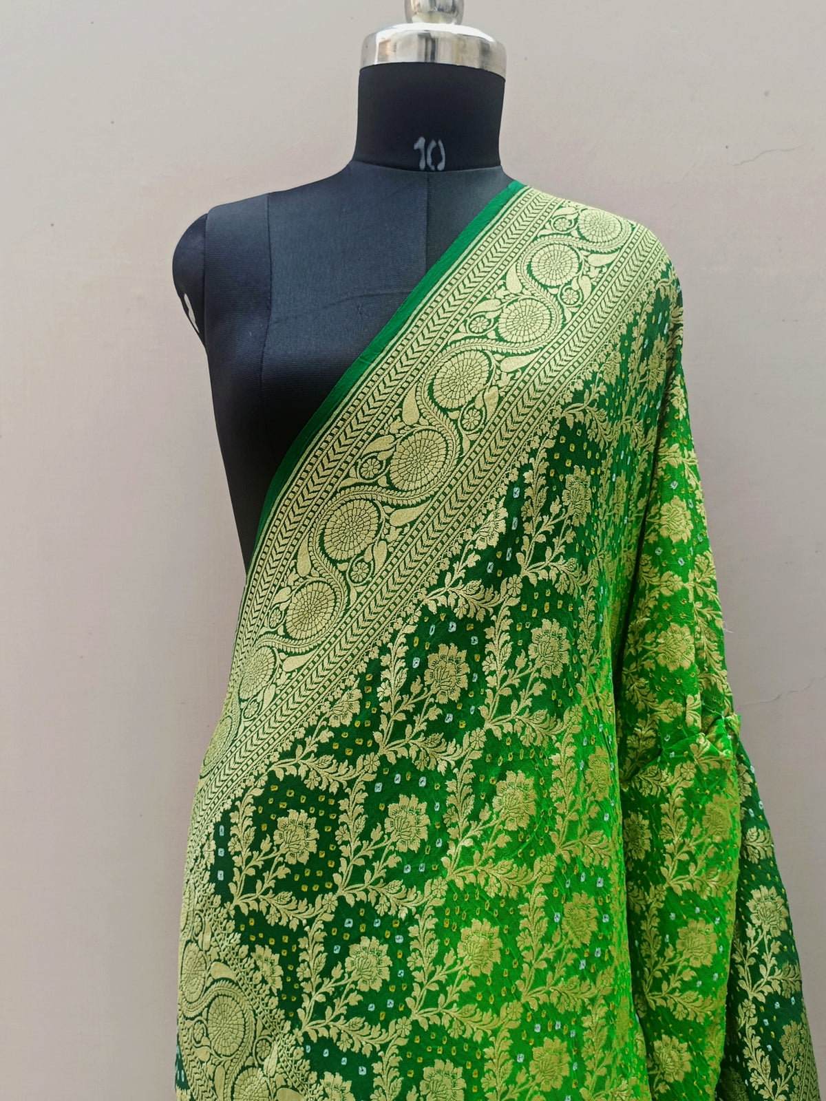 Green Shade Handwoven Khaddi Chiffon Rai Dana Bandhani Dupatta