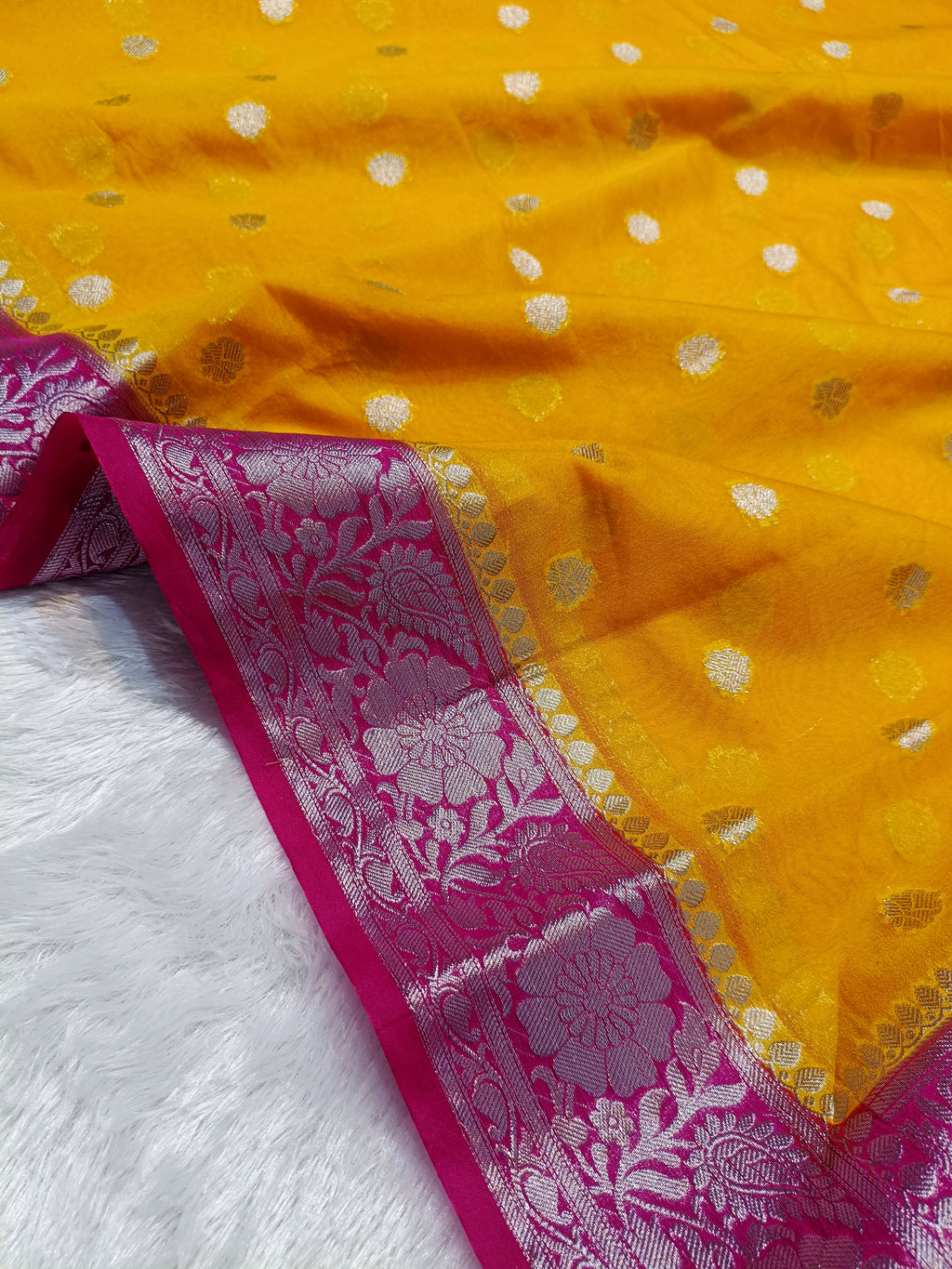 Gold with Rani Pink Shade Pure Chiffon Georgette Booti