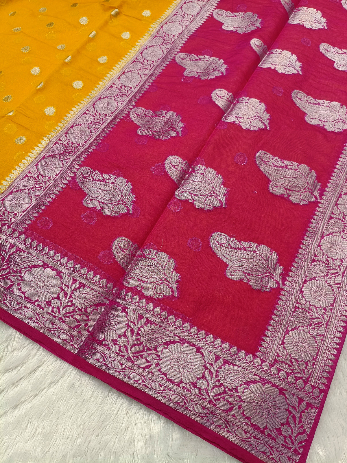 Gold with Rani Pink Shade Pure Chiffon Georgette Booti