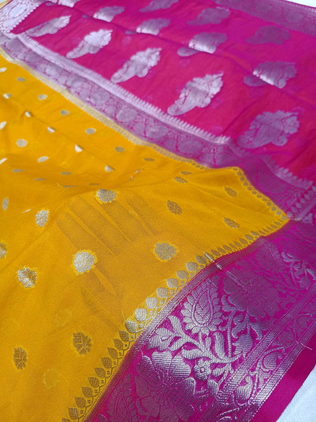 Gold with Rani Pink Shade Pure Chiffon Georgette Booti