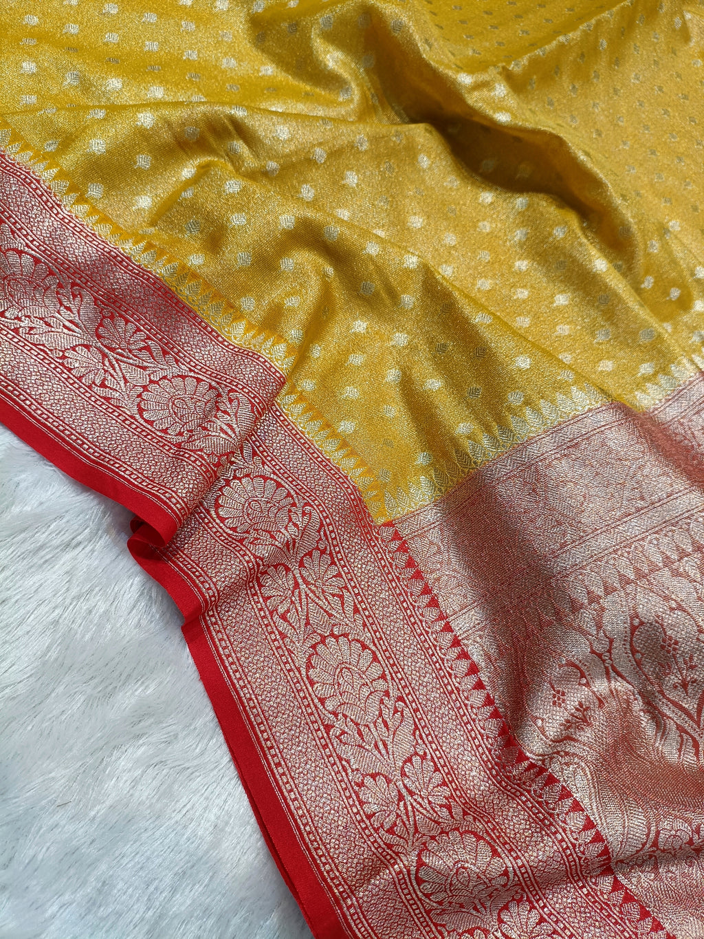 Mustard with Red Shade Handwoven Kataan Tissue Silk Saree
