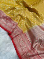Mustard with Red Shade Handwoven Kataan Tissue Silk Saree
