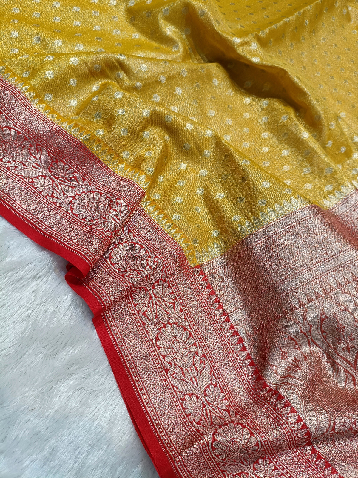 Mustard with Red Shade Handwoven Kataan Tissue Silk Saree