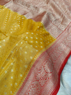 Mustard with Red Shade Handwoven Kataan Tissue Silk Saree