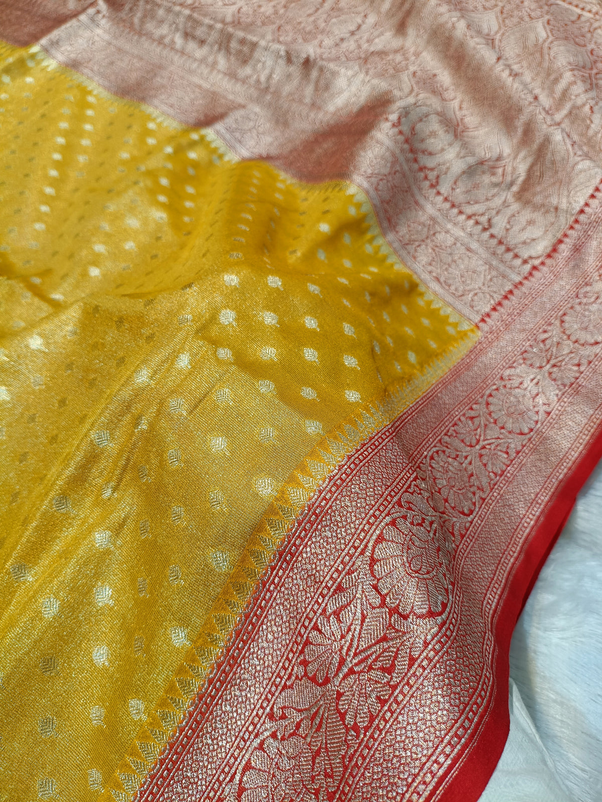 Mustard with Red Shade Handwoven Kataan Tissue Silk Saree