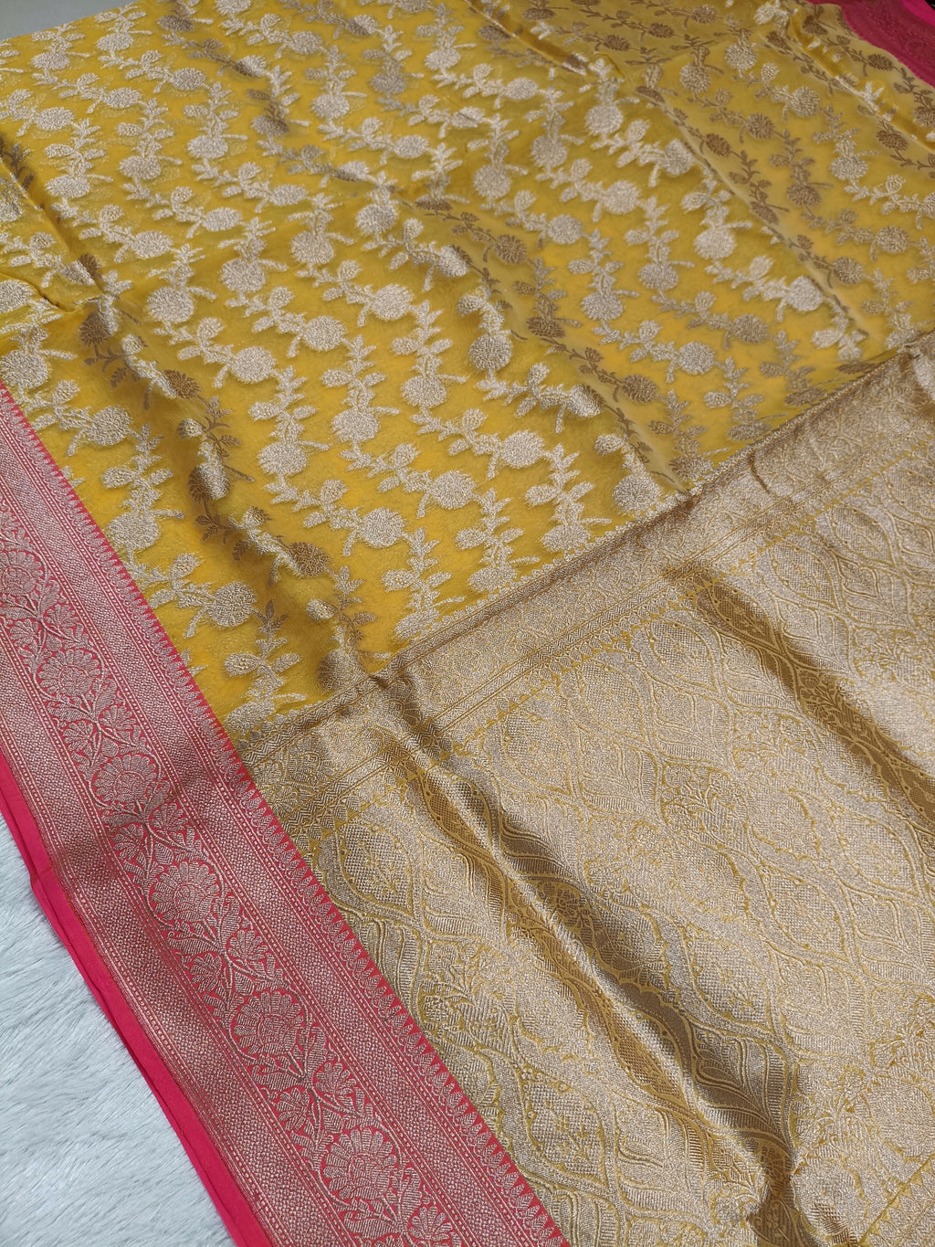 Yellow Pink Shade Handwoven Reshmi Kora Silk Saree
