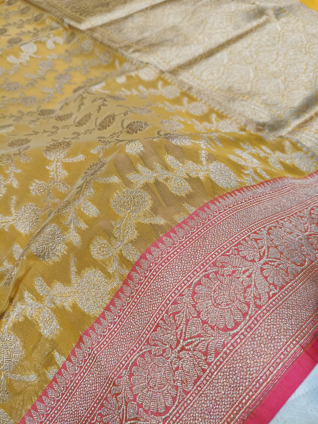 Yellow Pink Shade Handwoven Reshmi Kora Silk Saree