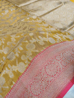 Yellow Pink Shade Handwoven Reshmi Kora Silk Saree