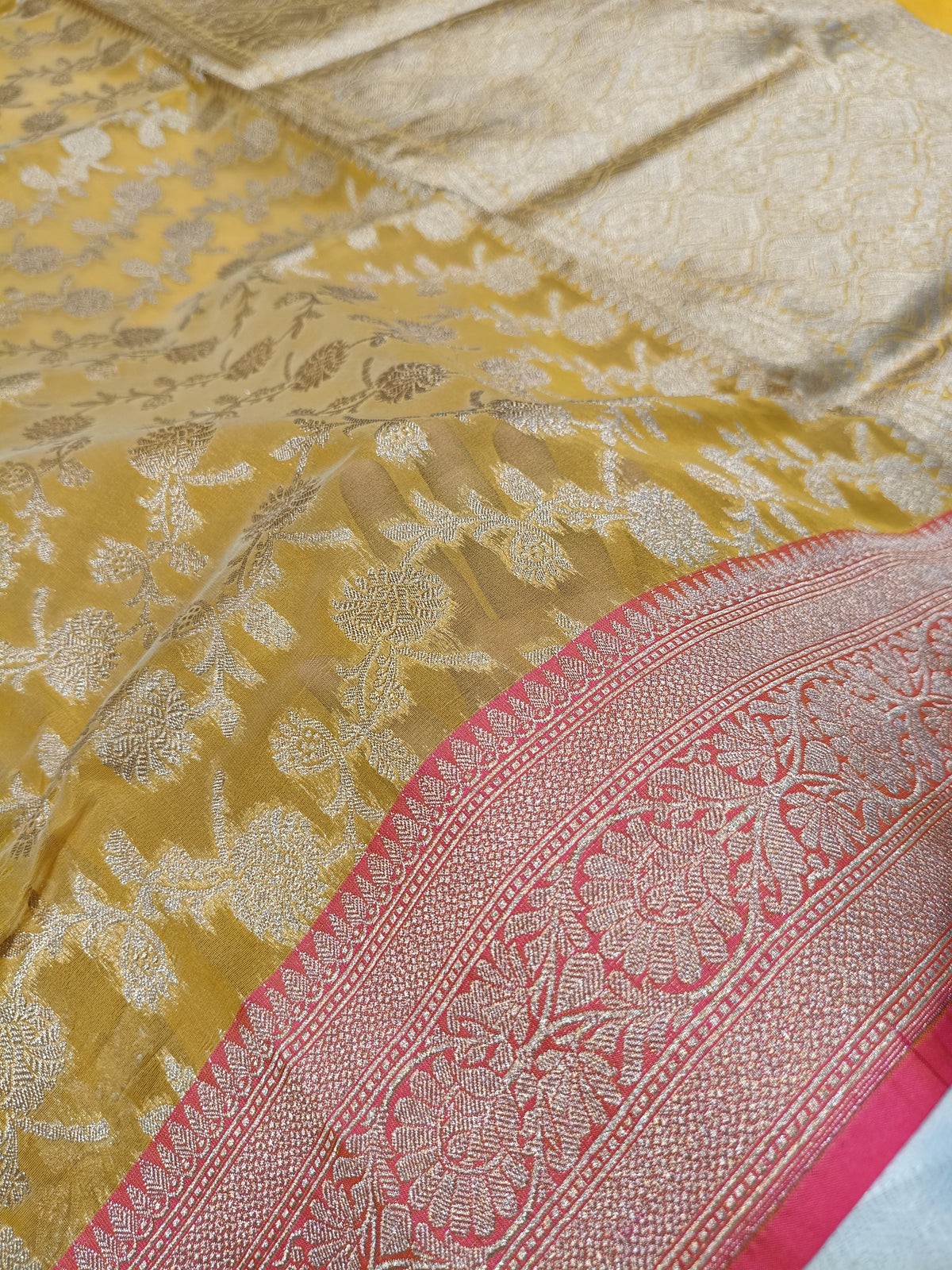 Yellow Pink Shade Handwoven Reshmi Kora Silk Saree