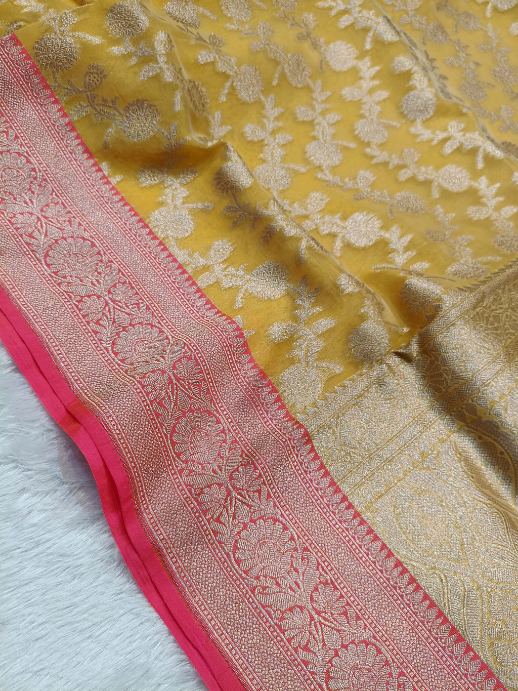 Yellow Pink Shade Handwoven Reshmi Kora Silk Saree