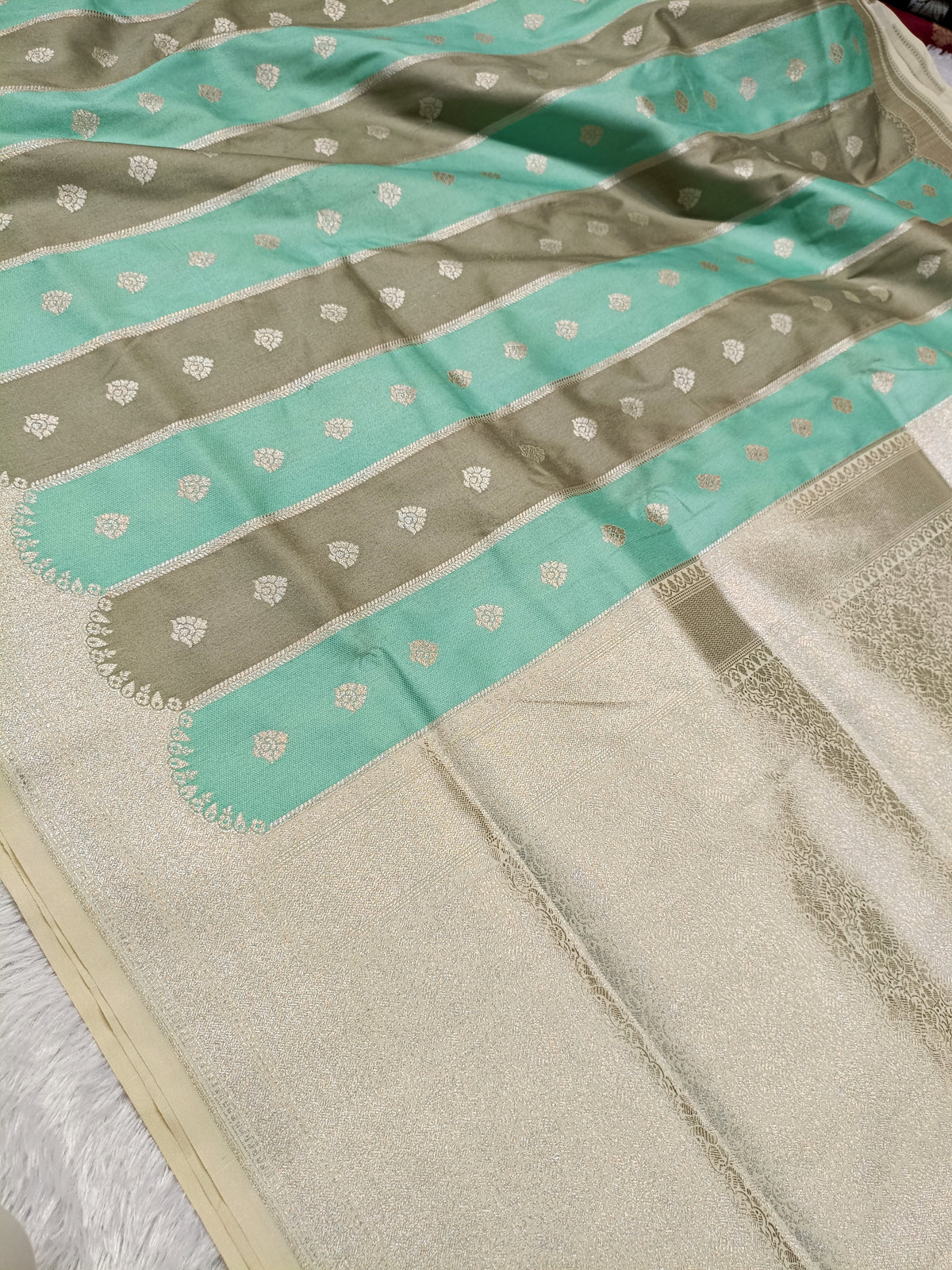 Sea Green Olive Shade Handwoven Kataan Silk Rangkaat Banarasi
