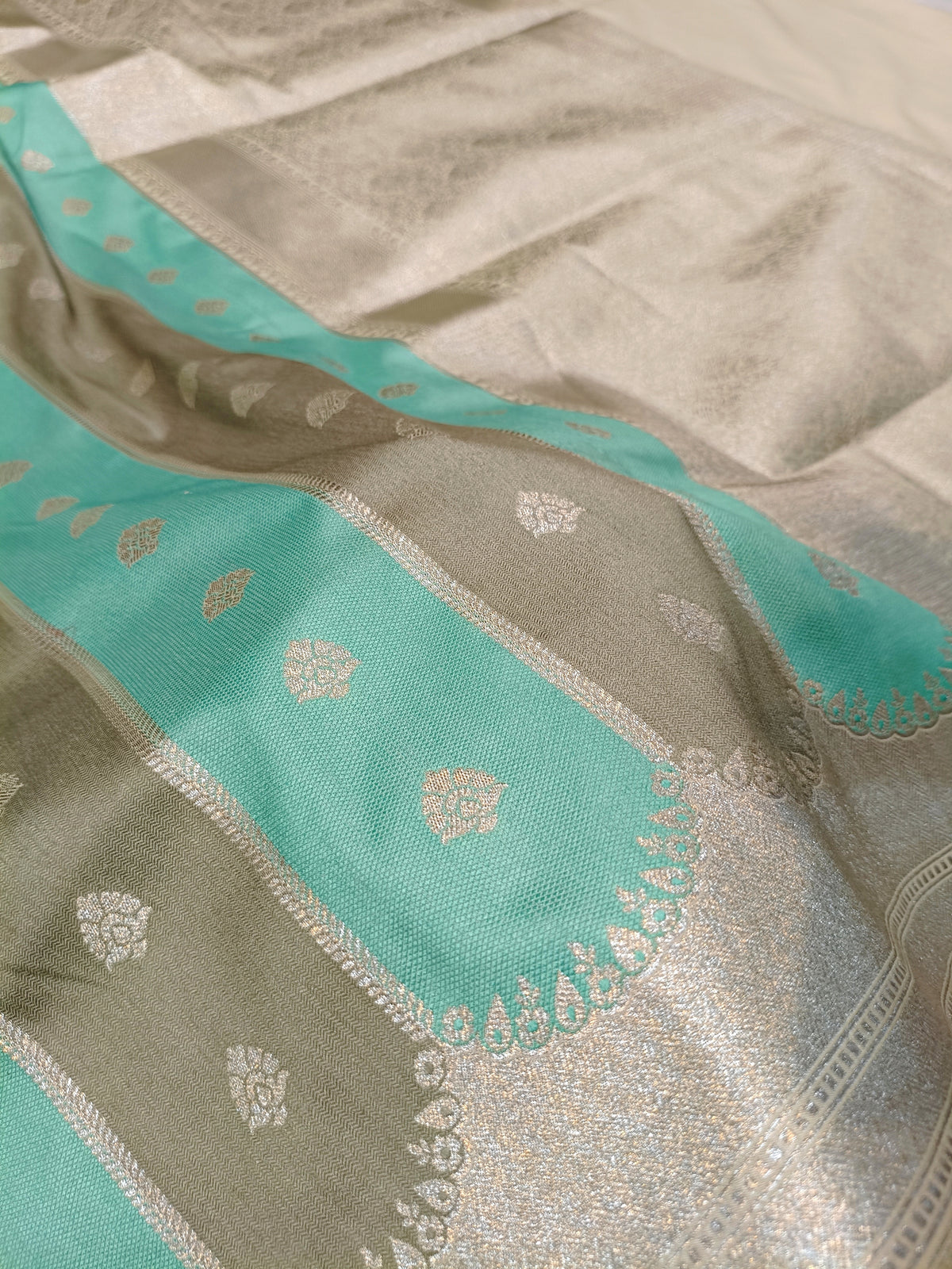 Sea Green Olive Shade Handwoven Kataan Silk Rangkaat Banarasi
