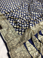 Deep Navy Blue Shade Handwoven Kataan Silk Saree