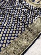 Deep Navy Blue Shade Handwoven Kataan Silk Saree