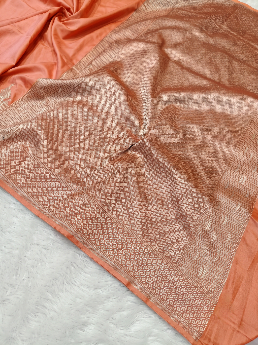 Peach Shade Handwoven Kataan Mashru Silk Banarasi Ghat Saree