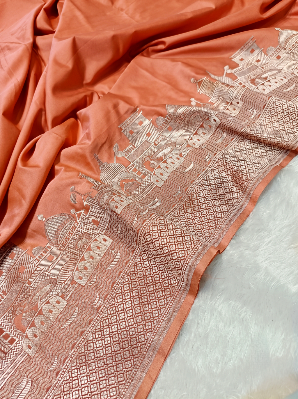 Peach Shade Handwoven Kataan Mashru Silk Banarasi Ghat Saree
